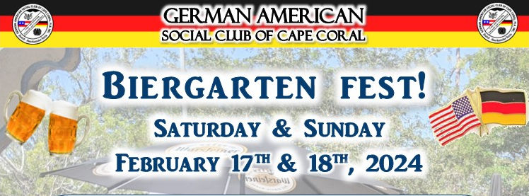Join us for our first Biergarten Fest in 2024! This festive weekend is set for February 17th & 18th, 2024, promising a full spread of German culture and fun. Doors open at noon until 8:00 PM on Saturday and until 7:00 PM on Sunday. Enjoy a taste of Germany with a variety of beers, traditional foods like Wurst, Sauerkraut, Schnitzel, and more, plus live music in our Bavarian Garden. Admission is only $5 at the gate, and kids 12 and under get in free. Don’t worry about parking; it's complimentary! Mark your calendars for an unforgettable experience.
